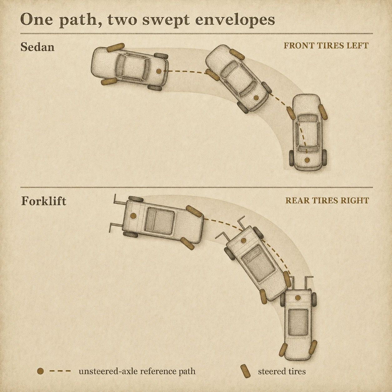 Three successive engraved poses of a sedan and a forklift following the same left-turning trajectory at their unsteered axle. Brass front tires steer left on the sedan; brass rear tires steer right on the forklift.