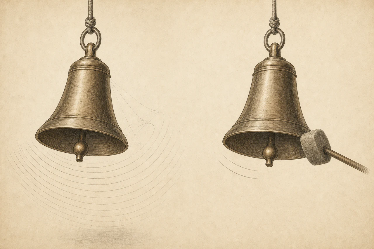 Two matching bronze bells drawn as a scientific plate. The freely ringing bell on the left sends out many fading vibration arcs; a felt damper touches the bell on the right, whose arcs die almost immediately.